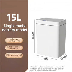 A white 15L smart trash can with an automatic sensor lid, measuring 30.5cm by 26cm by 18.5cm.