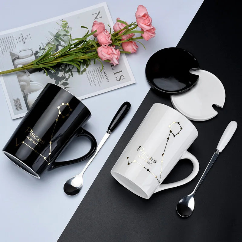 Black ceramic coffee mug with zodiac signs, lid, and spoon from Showlu's 12 Zodiac Signs collection.