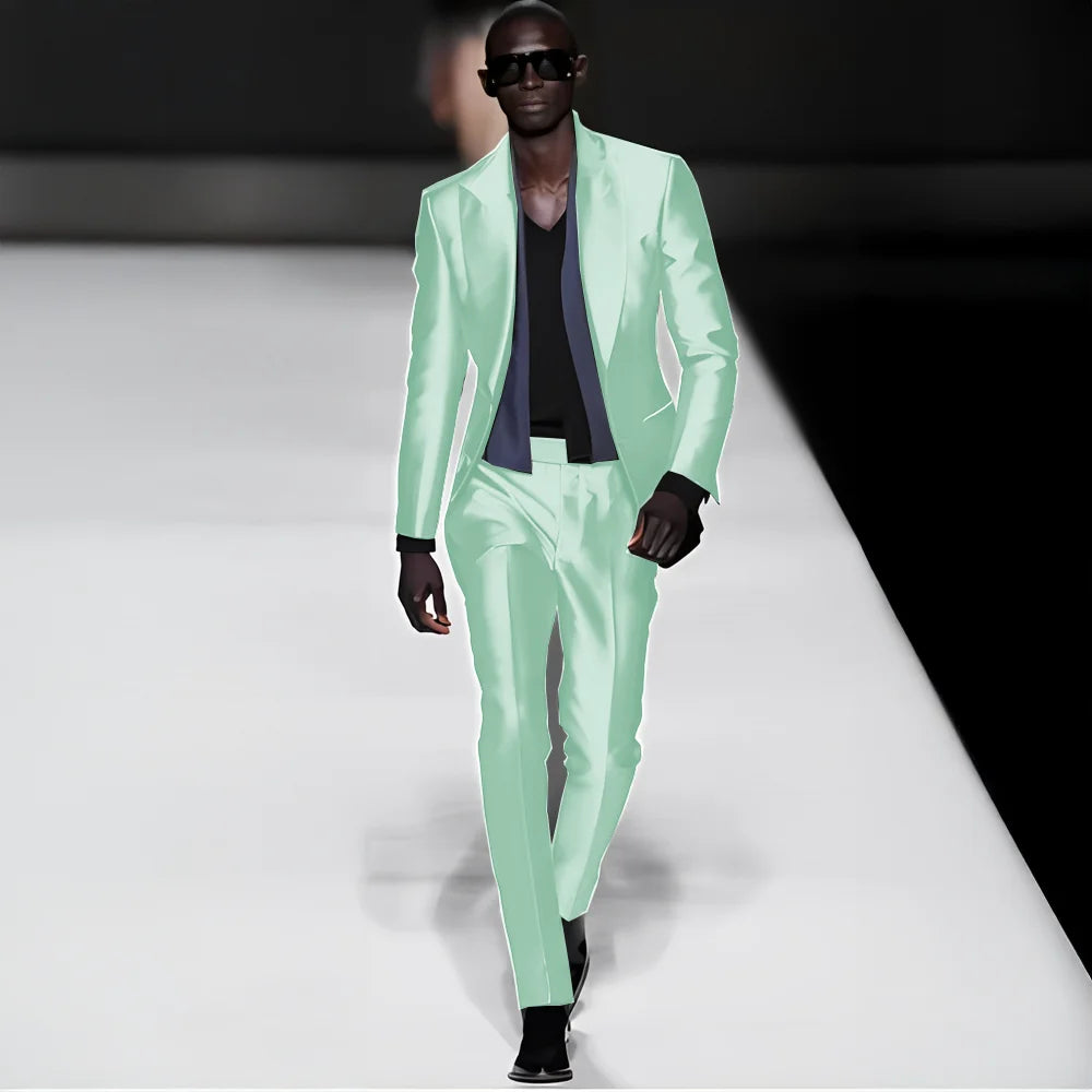 Elegant satin men's 2-piece suit with peak lapel blazer and matching pants, ideal for weddings and formal events, by Showlu.