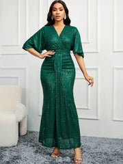 Women Sequin Dress Summer elegant V-Neck Ruffles Short Sleeves Vintage Pencil Pleats Slim Fit Fashion Banquet Cocktail Party