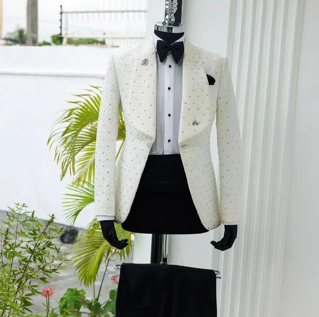 Men's LC.TJWORID jacquard tuxedo suit with beaded wedding blazer, stylish two-piece formal suit by SHOWLU FASHION STORE.