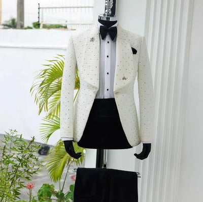 LC.TJWORID Men's Jacquard 2-Piece Tuxedo Suit | Beaded Wedding Blazer