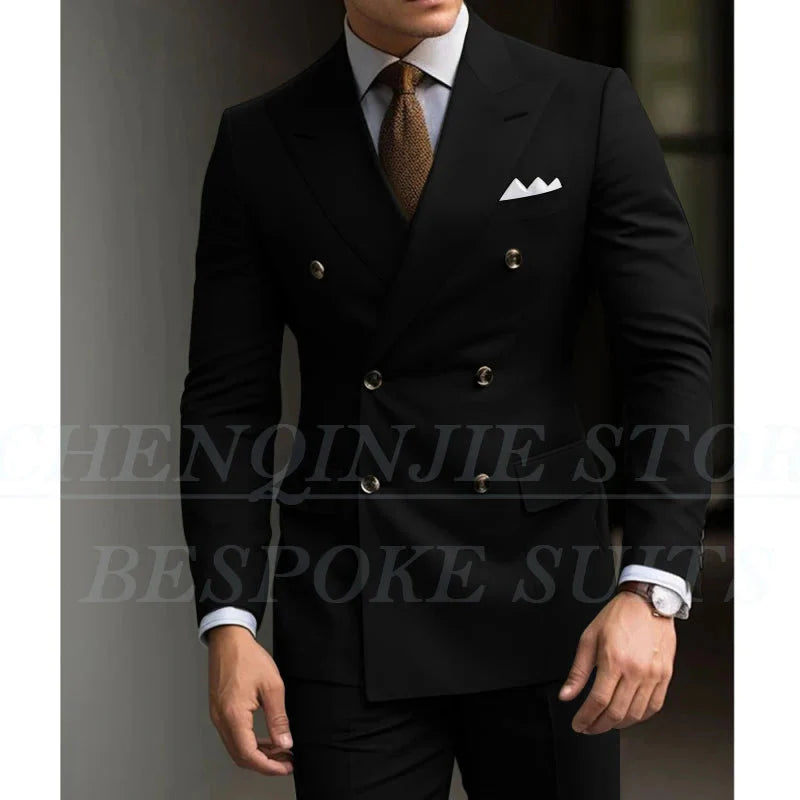 SHOWLU Men's slim fit green 2-piece suit with double-breasted blazer, tailored for wedding and formal occasions.