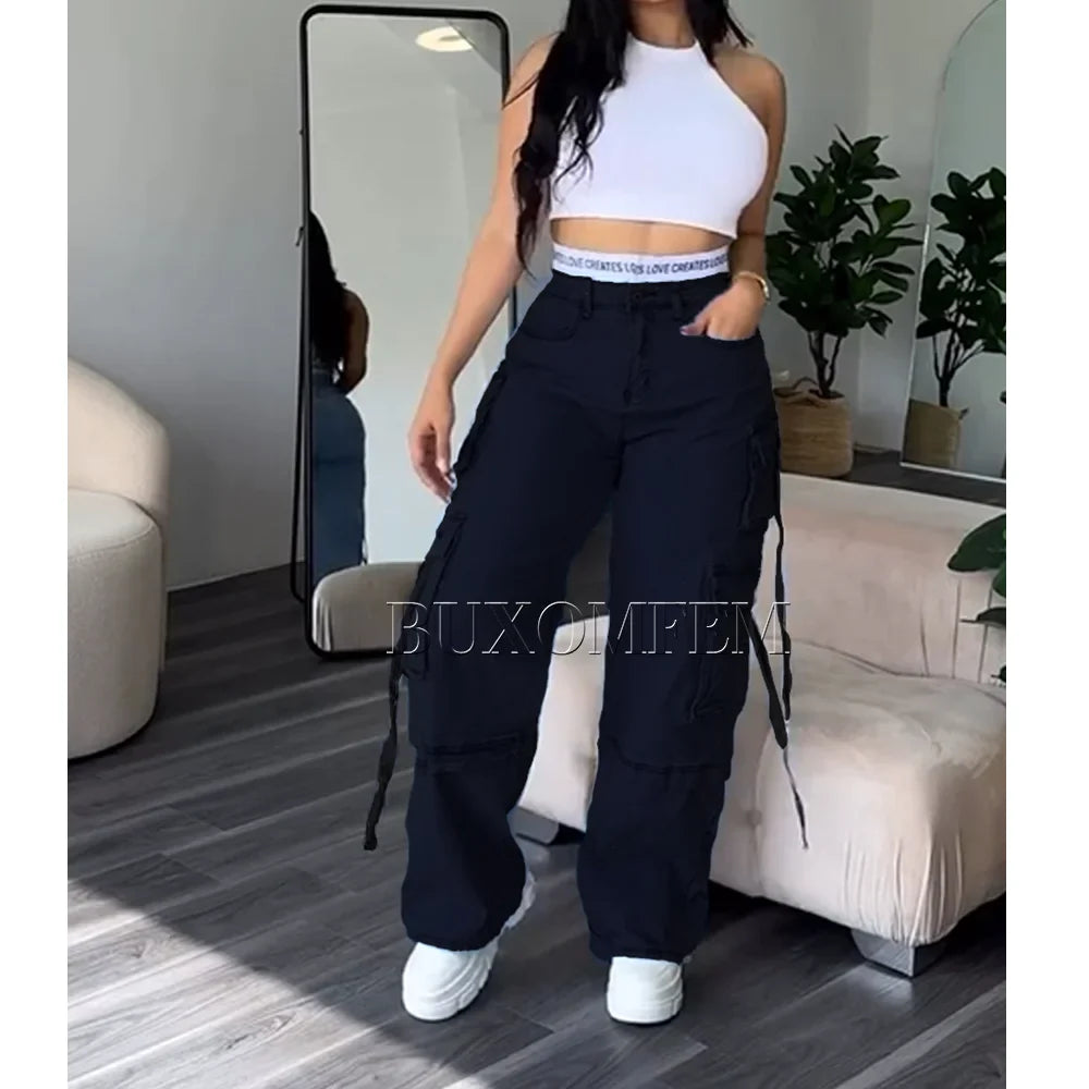 SHOWLU Women's Wide Leg Jeans with retro splicing design, loose streetwear trousers, casual denim pants, front and back views