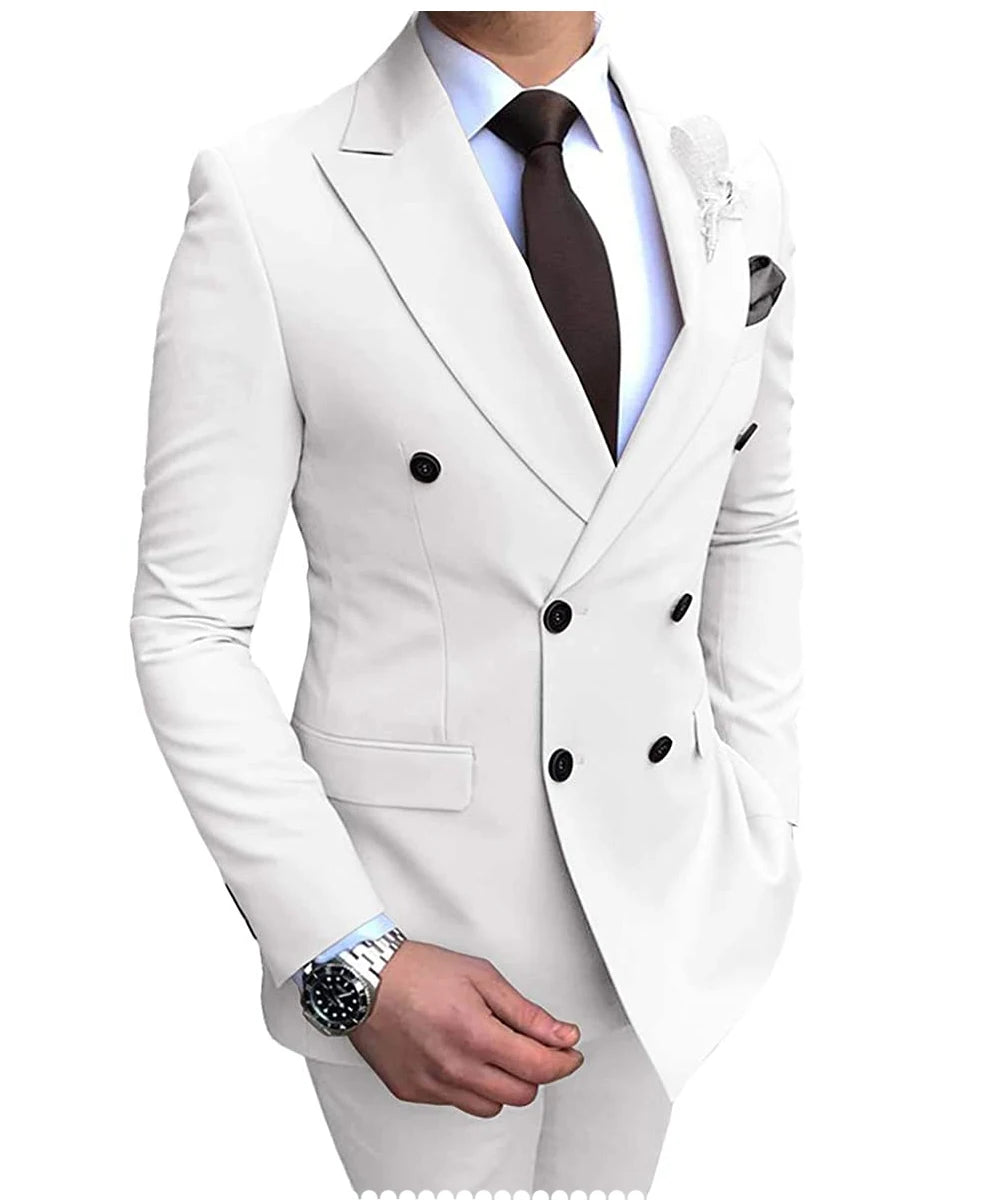 Beige men's 2024 slim fit suit with blazer and pants, double-breasted notch lapel, ideal for wedding or casual occasions.