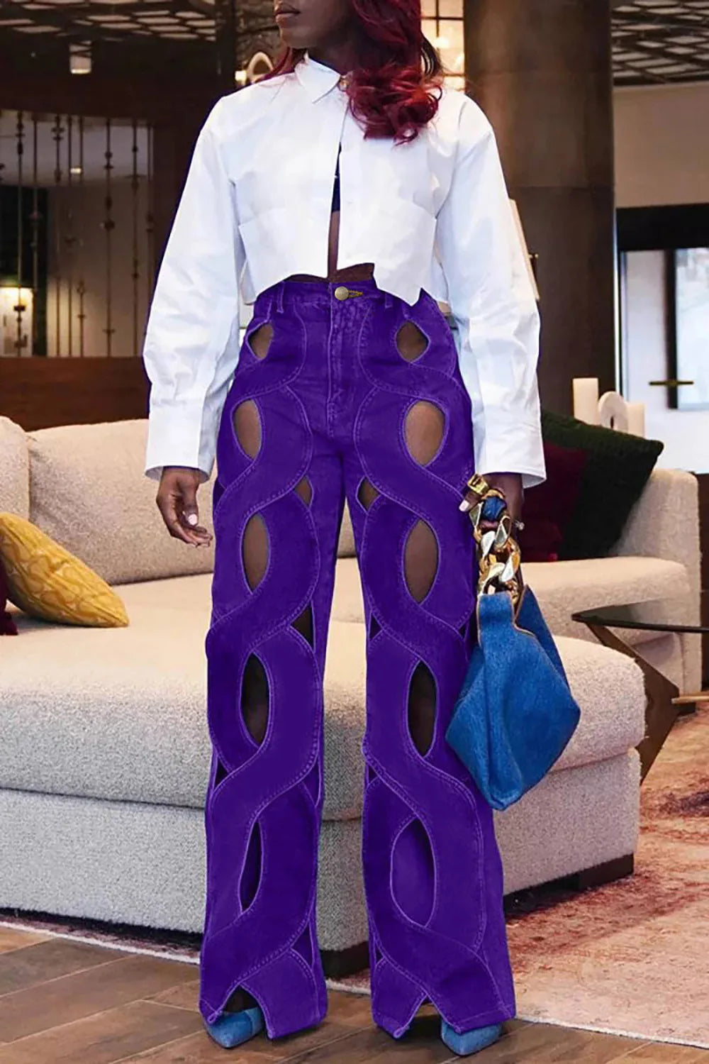 Women's Cut Out Denim Jeans Plus Size High Waist Y2K Fashion Sexy Vintage Casual Spring Fashion Straight Leg Denim Pants Jeans SHOWLU FASHION STORE