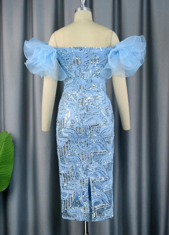 My Store Nittonic off-shoulder sequin evening gown with floral embroidery, midi length, elegant and stylish for formal events.