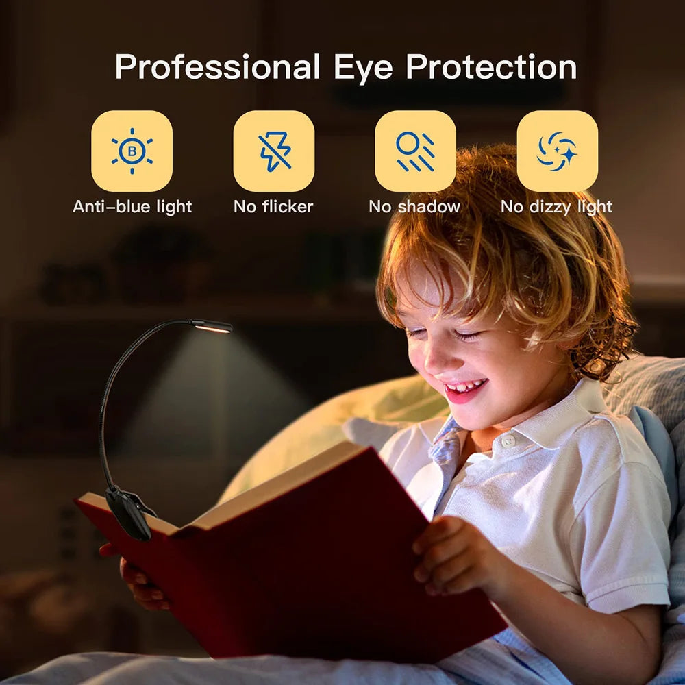 Showlu Smart General Claeted rechargeable clip reading light attached to a book, compact LED reading lamp with clip for easy use.