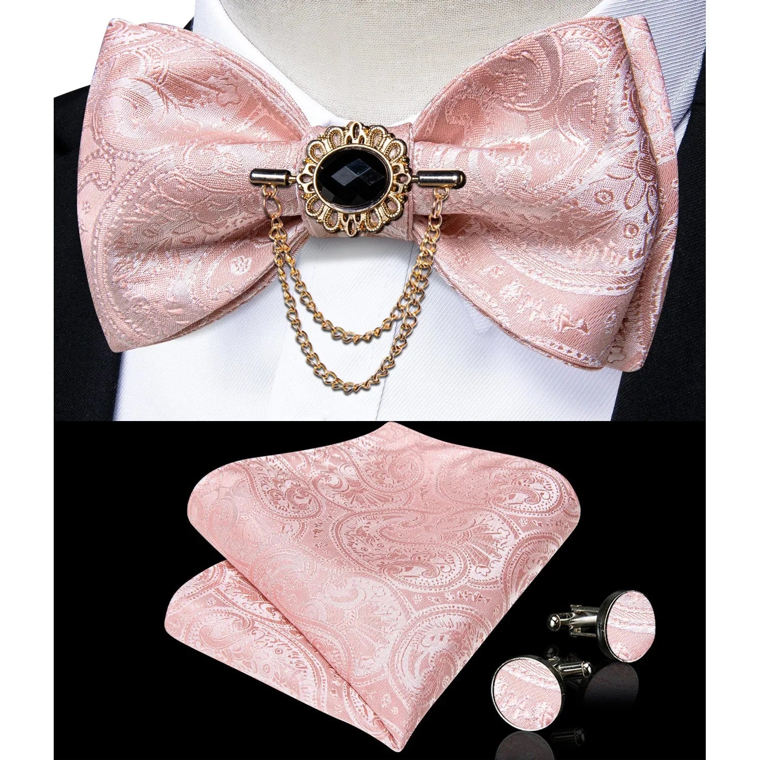 Pink plaid silk self-tie bow tie set with brooch and handkerchief, stylish accessories for men from SHOWLU FASHION STORE
