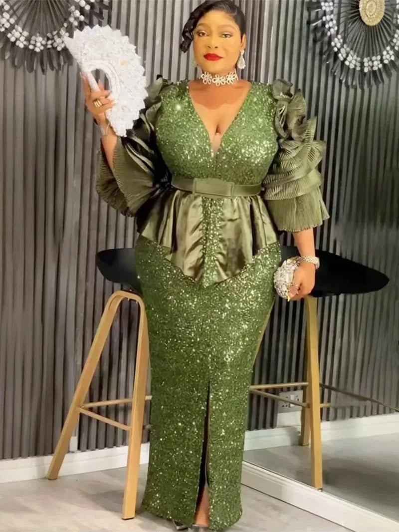 Elegant plus size Dashiki sequin African party dress, bodycon gown with vibrant patterns and shimmering details, perfect for celebrations
