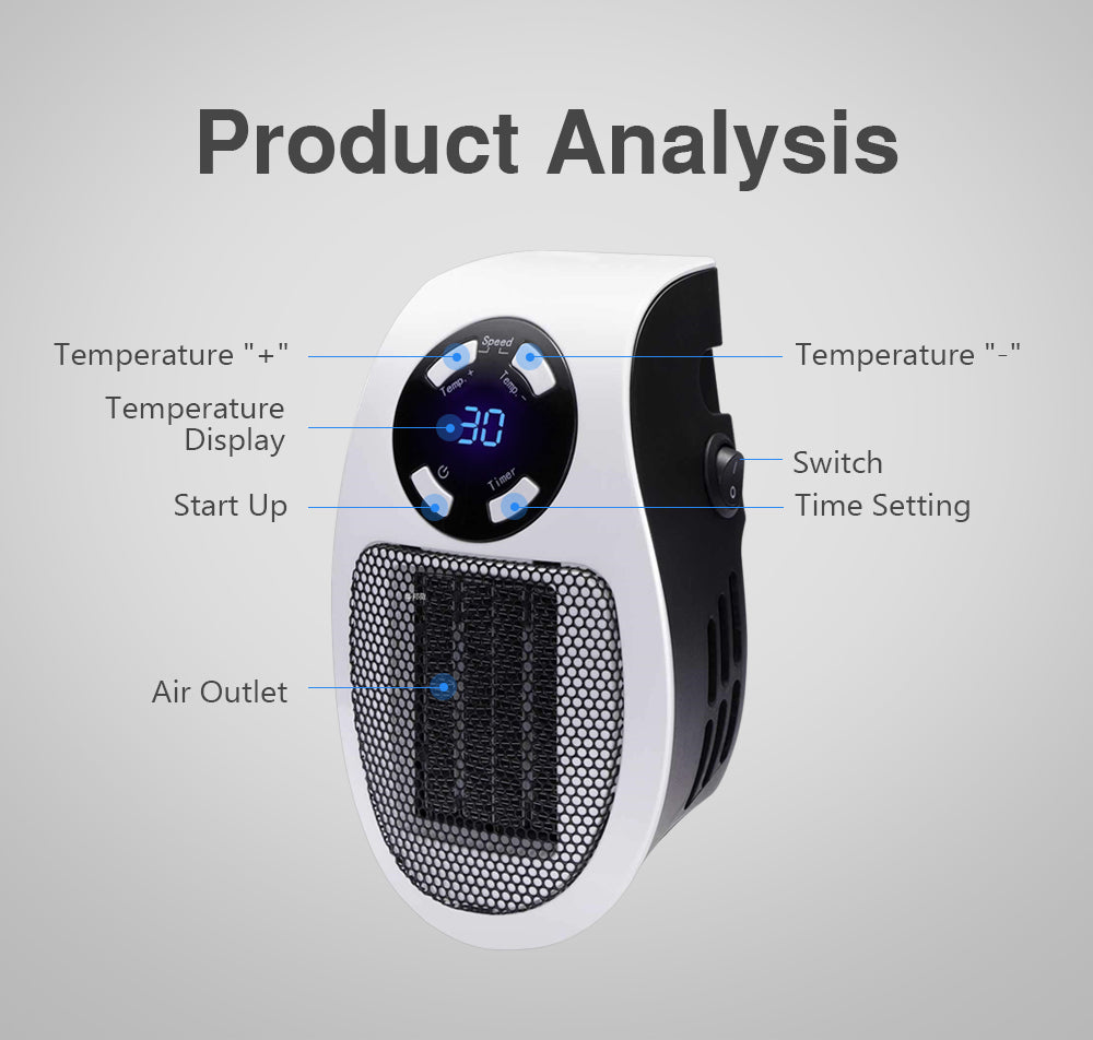 Showlu Smart General 500W mini ceramic space heater plugged in, compact design ideal for small rooms or personal heating.