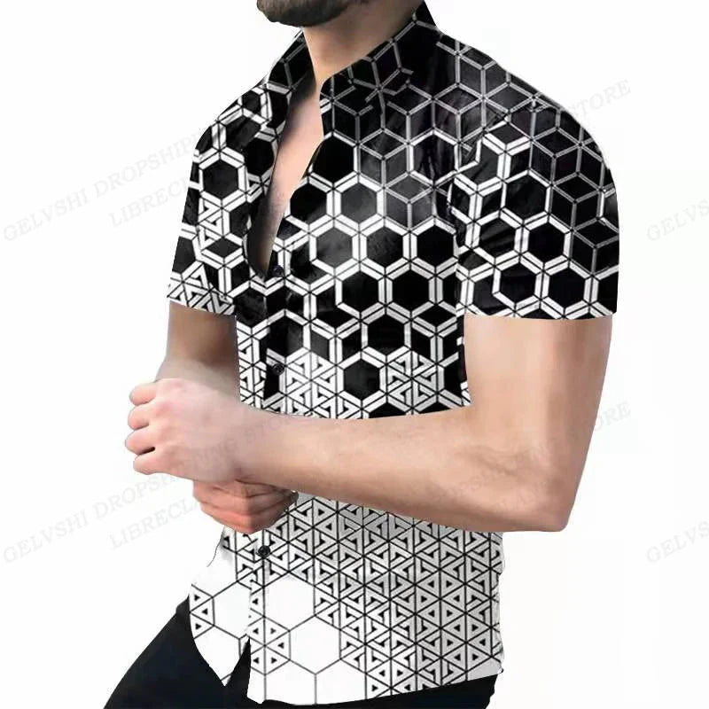 Showlu men's geometric 3D print Hawaiian short sleeve shirt with vibrant tropical pattern and relaxed fit.