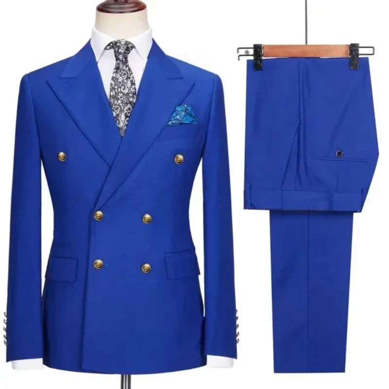 Royal blue men's double-breasted 2-piece suit by Showlu Fashion Store, tailored for business, featuring classic lapel design.