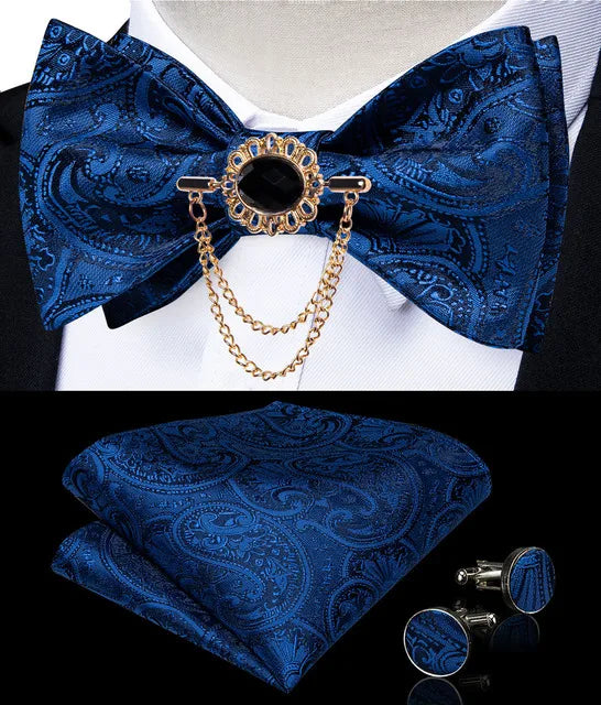 DiBanGu men's pink solid bow tie set with pocket square and cufflinks, perfect for wedding attire, shown in the product image.