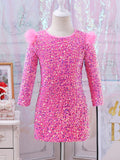 Pink sequined girls' round-neck ceremonial dress by Showlu Fashion Store, perfect for spring and autumn special occasions.