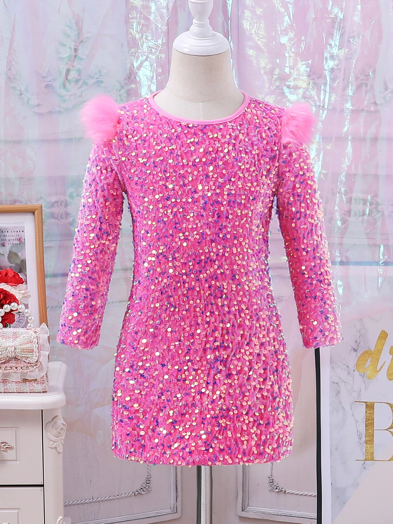 Pink sequined girls' round-neck ceremonial dress by Showlu Fashion Store, perfect for spring and autumn special occasions.