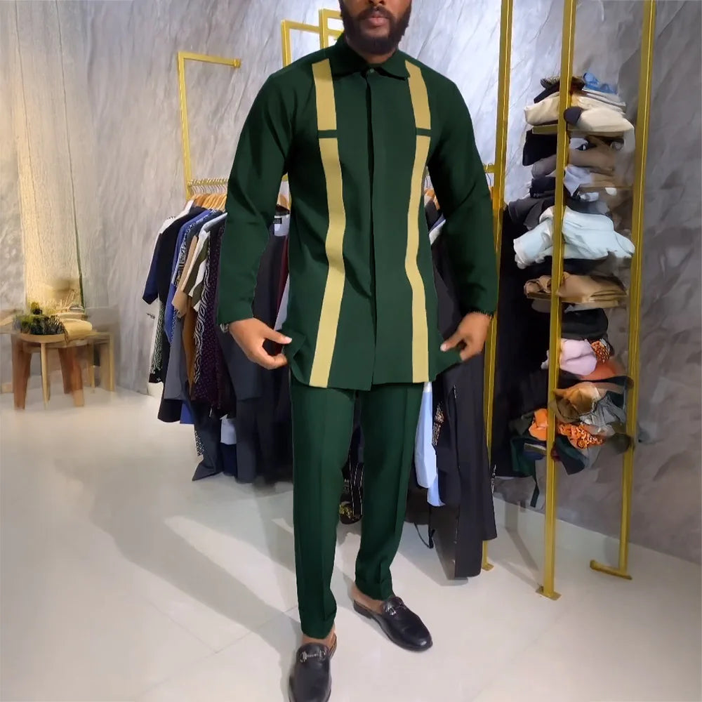 New In African Summer Business Men's Short Sleeve Suit Embroidery Dashiki Shirt Pants Sets 2 Pieces Outfits Wedding Party 2025