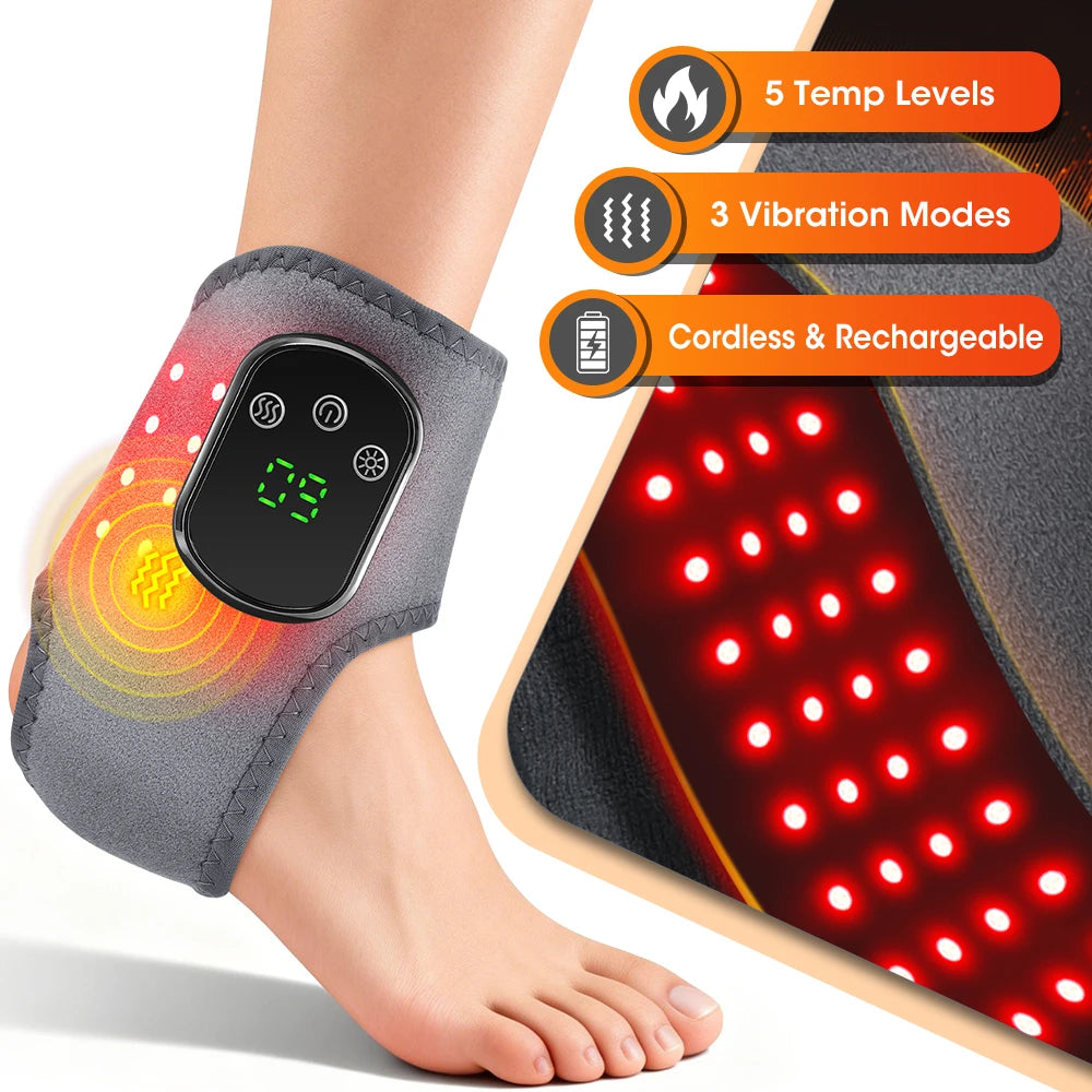 Electric heating ankle massager with LED vibration massage; adjustable ankle brace and wrist guard for left or right foot.