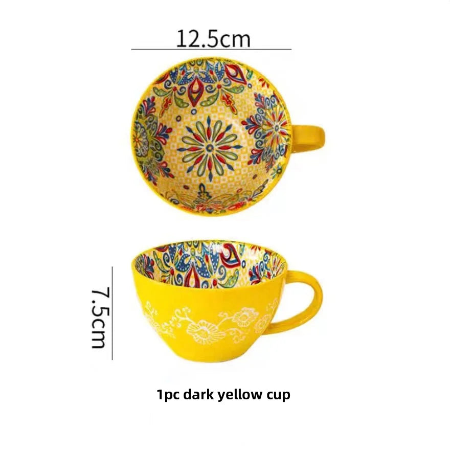 Showlu Fashion Bohemian ceramic coffee mug, 13.5 oz porcelain tea cup with colorful boho design and sturdy handle.