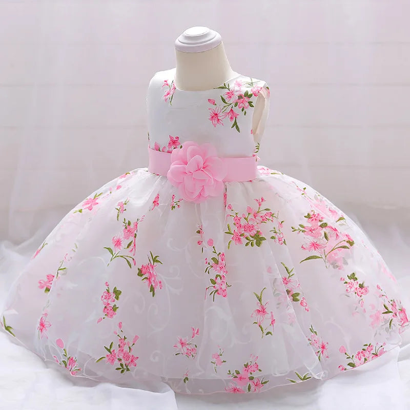 Baby girl birthday princess dress by Showlu Fashion with floral embroidery, sleeveless design, perfect for baptism and special occasions.