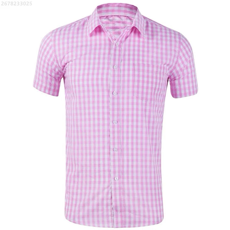Men's short-sleeved Hawaiian style plaid shirt in red and blue, breathable casual street wear by Showlu Fashion.