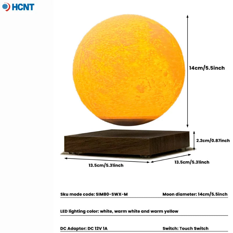 Magnetic levitating Moon Lamp by Showlu Smart General glowing with a soft lunar light, floating above its base in a dark room.