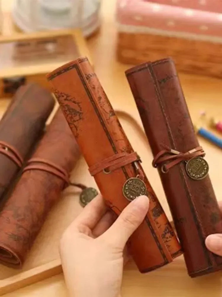 Large Showlu Retro Treasure Map Leather Roll Pencil Case with multiple compartments for stationery storage.