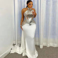 Elegant black satin halter off-shoulder formal evening dress by SHOWLU FASHION STORE, floor-length with a flowing silhouette.