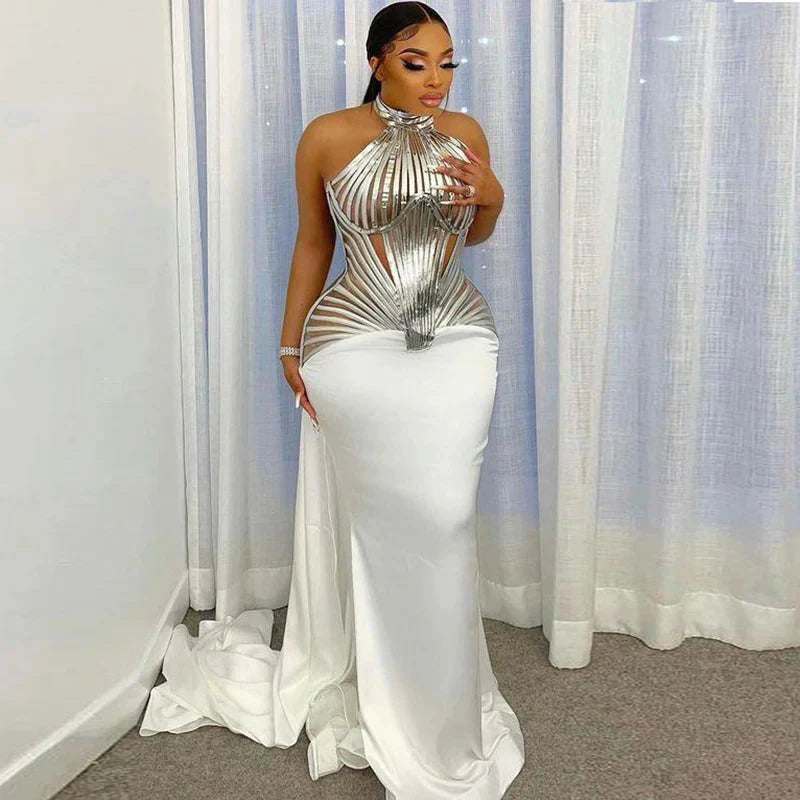 Elegant black satin halter off-shoulder formal evening dress by SHOWLU FASHION STORE, floor-length with a flowing silhouette.