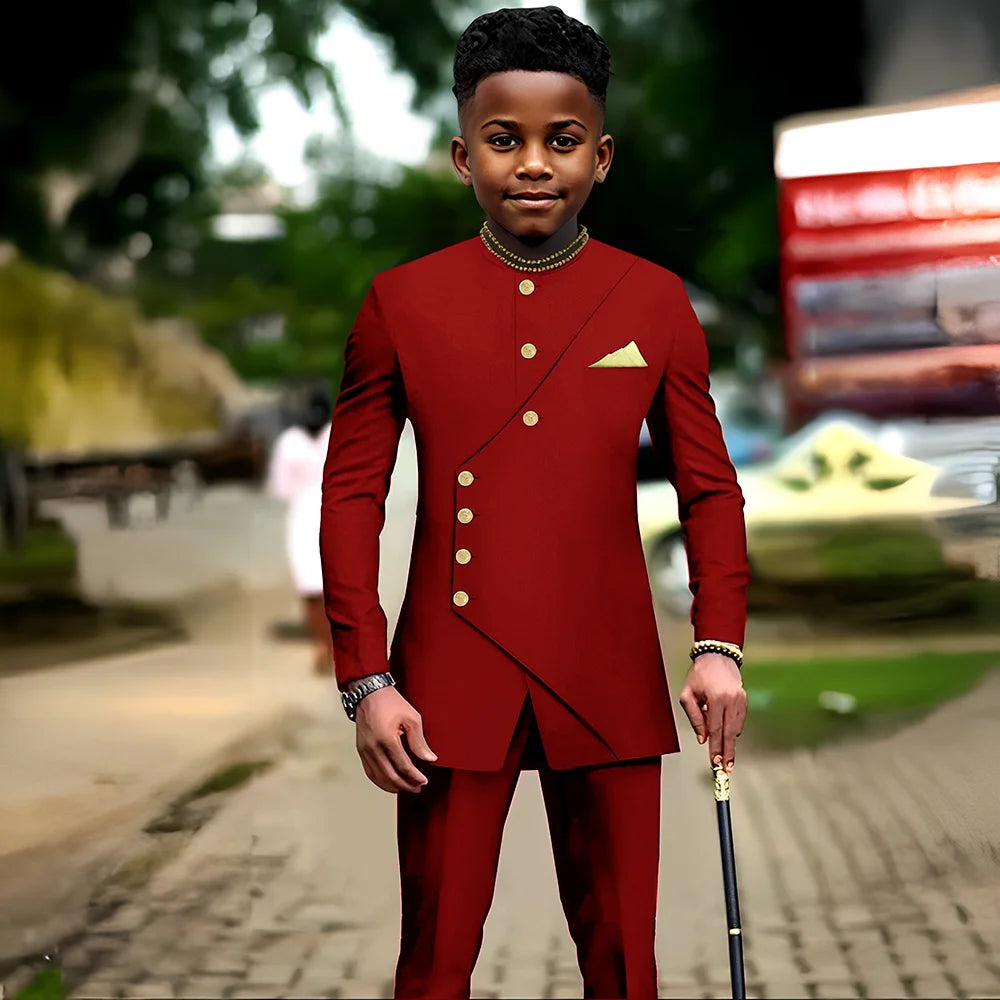 African boys' 2-piece suit jacket and pants by Showlu Fashion for kids 2-16 years, suitable for parties and weddings.
