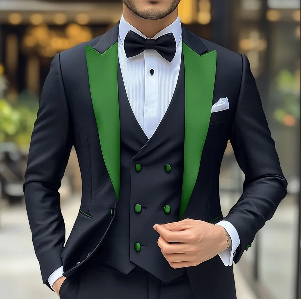 Black groom wedding tuxedo 3-piece suit with slim fit blazer, pants, and vest featuring peak lapel, formal men's fashion by Showlu.