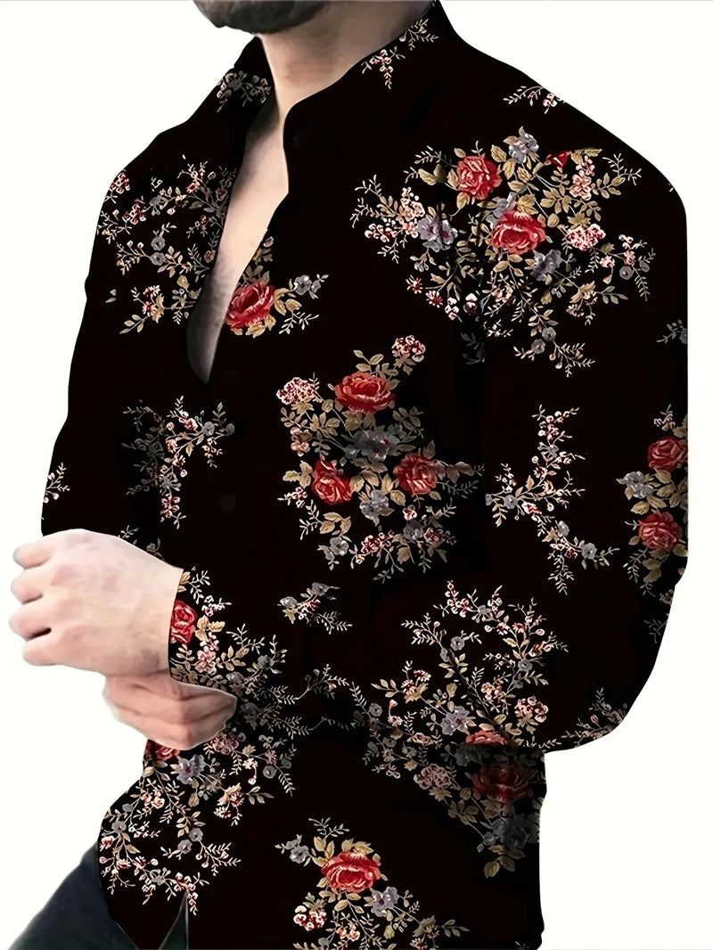 Men's casual street printed shirt by Showlu Fashion, long sleeve collar shirt perfect for spring and autumn fashion.