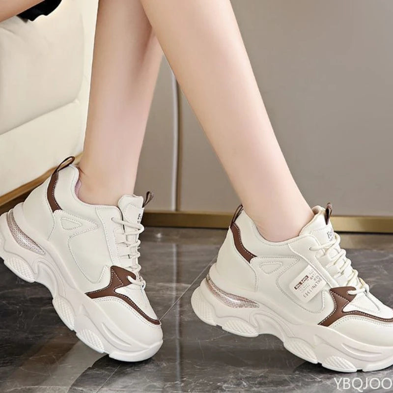 Women's white lightweight thick-soled sports shoes with height-increasing design, ideal for spring and autumn casual wear.