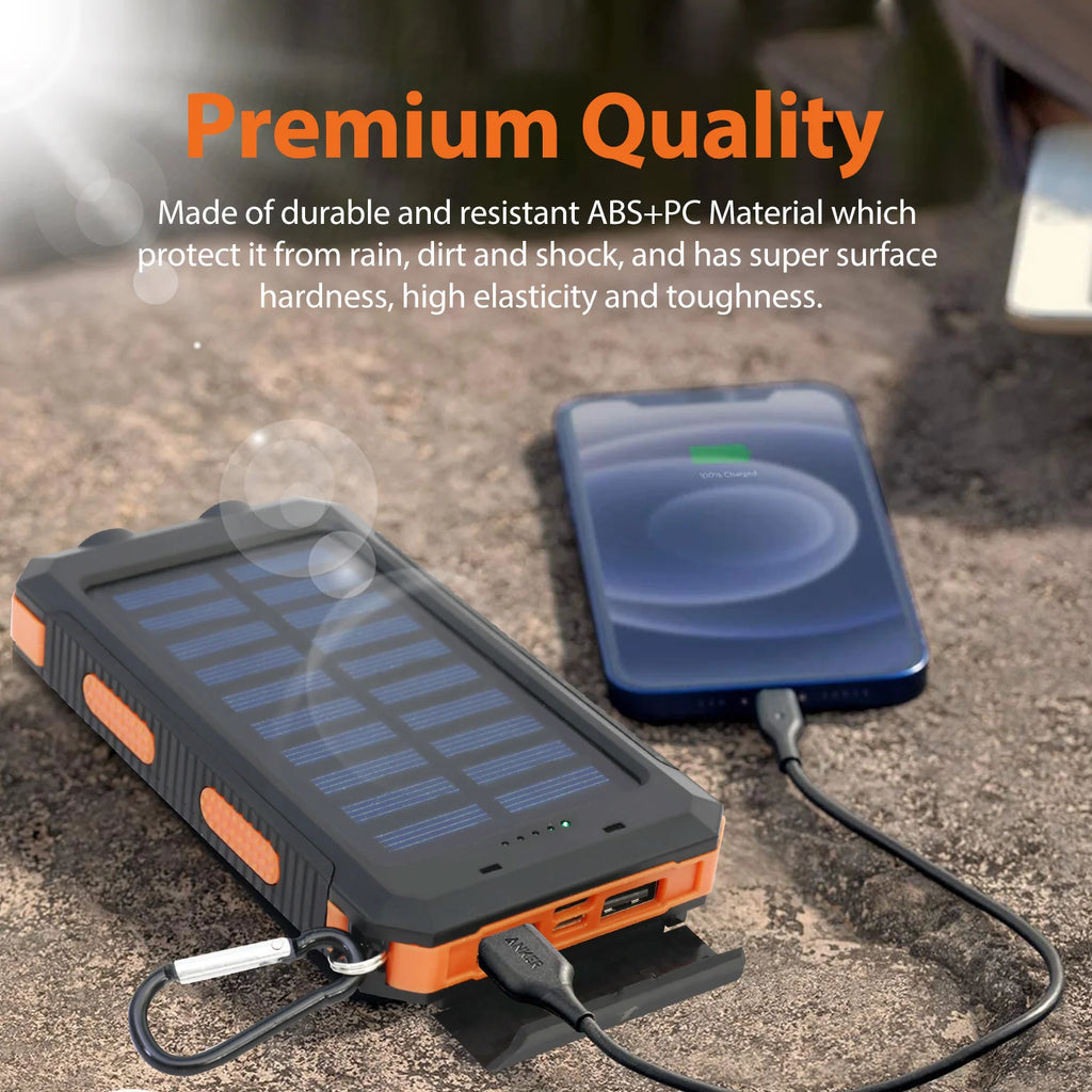 Showlu Smart 20000mAh waterproof solar power bank with portable charger design and multiple USB ports for on-the-go charging.