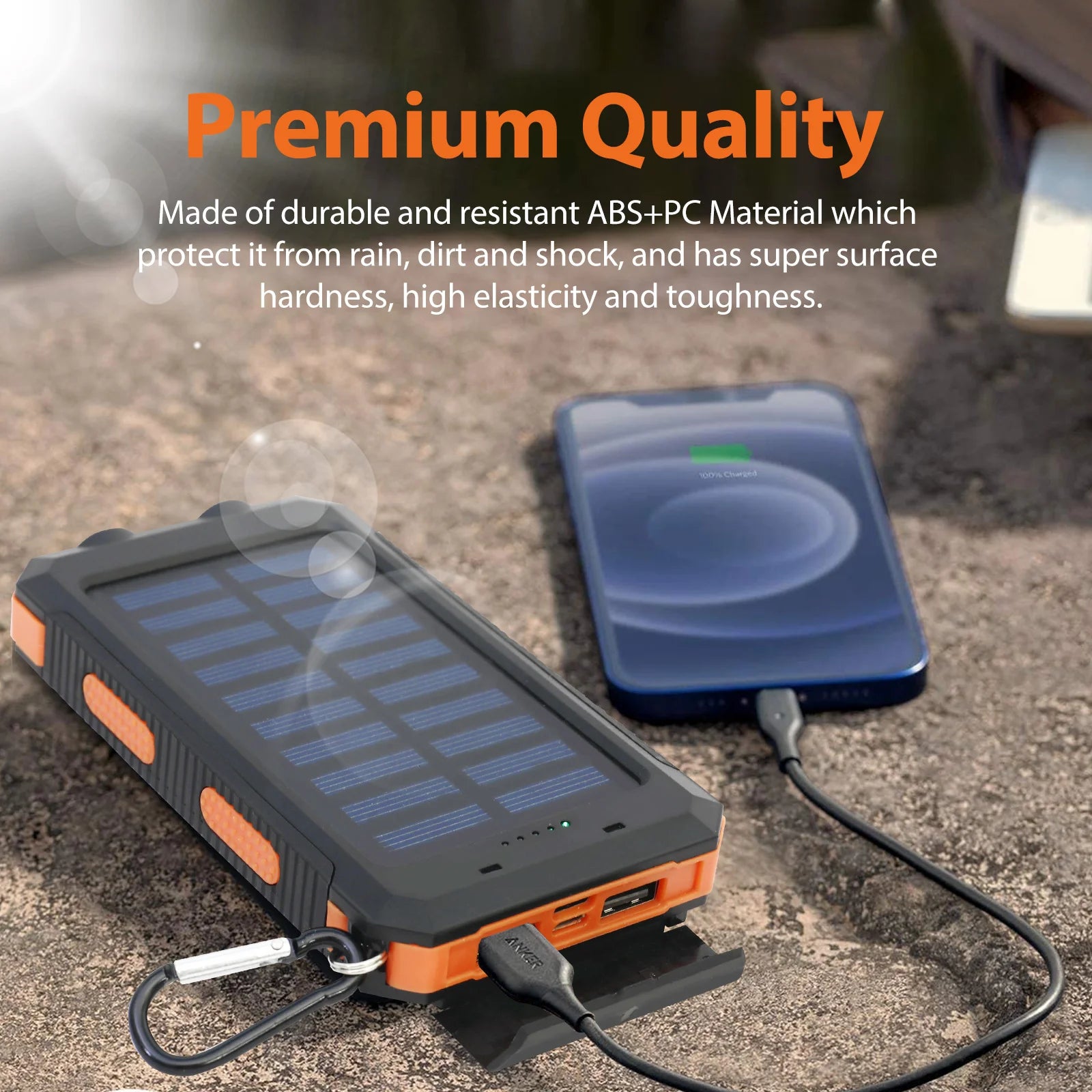 Showlu Smart 20000mAh waterproof solar power bank with portable charger design and multiple USB ports for on-the-go charging.
