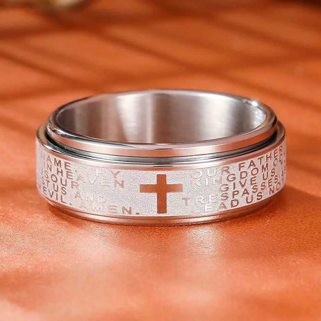 Showlu stainless steel Christian cross spinner anxiety ring for men and women, featuring a smooth rotating cross design.