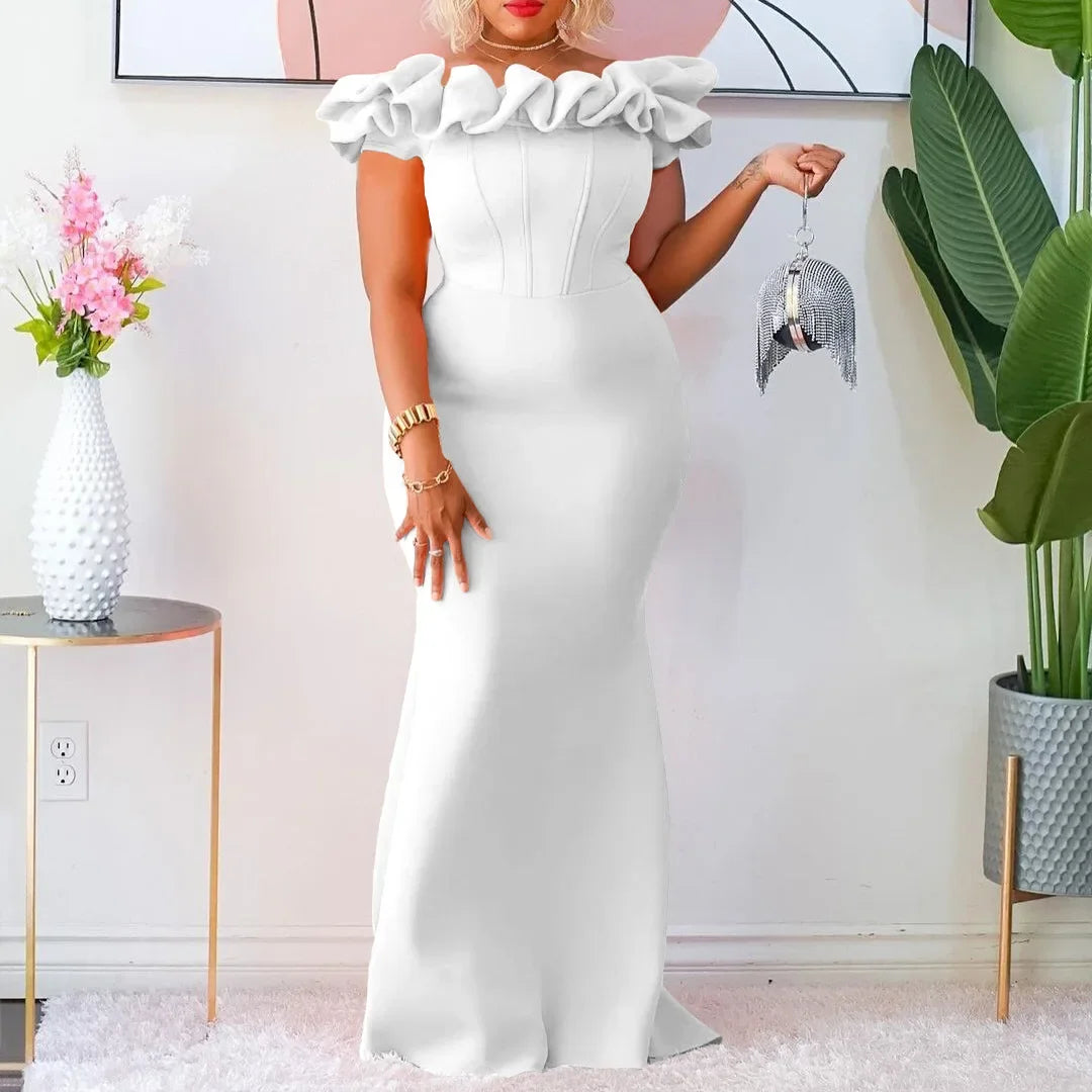 Elegant black women's off-shoulder ruffle evening gown by SHOWLU FASHION STORE, perfect slim party dress with flowing fabric.