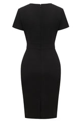The back view of a black short-sleeved sheath dress with a knee-length pencil silhouette.