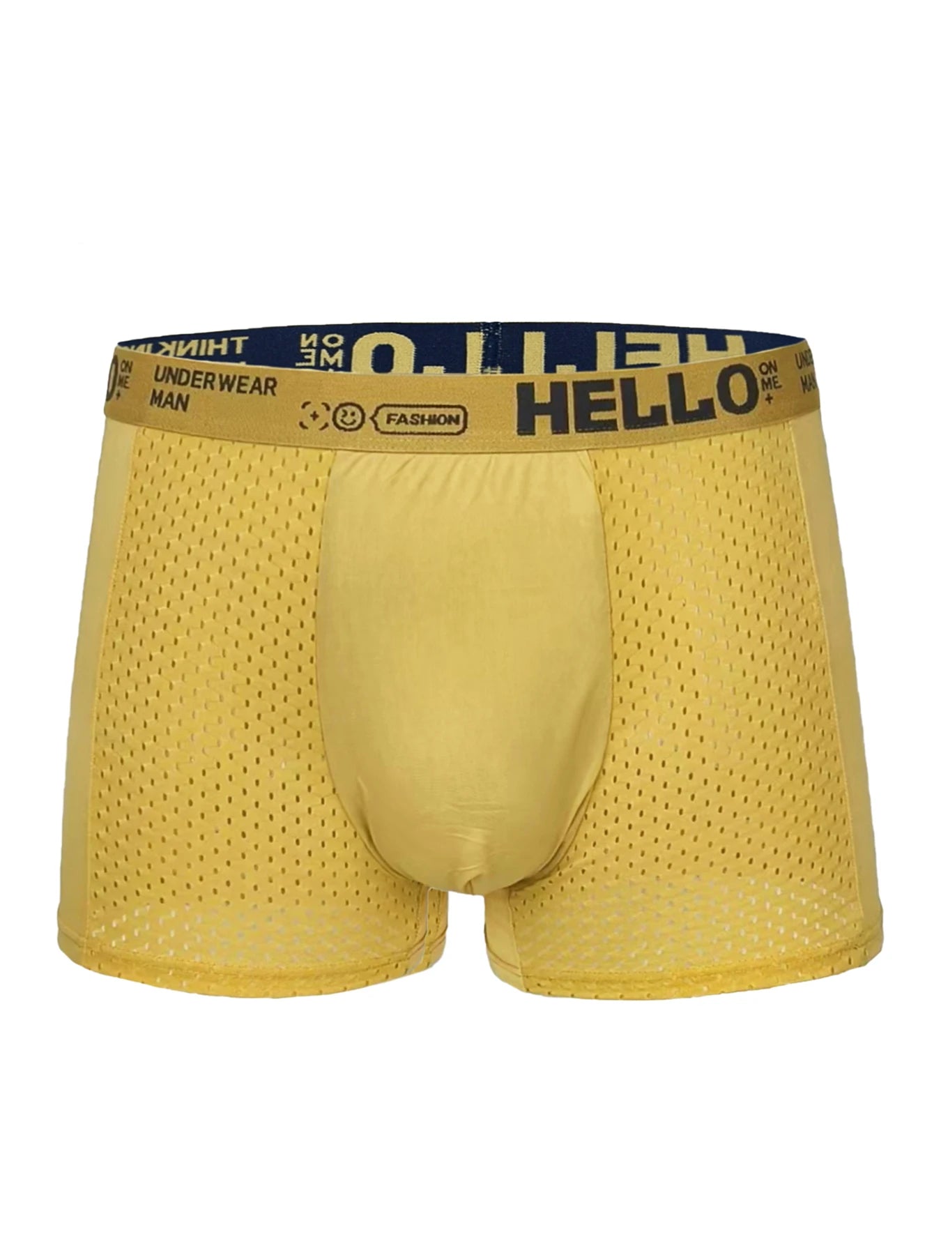 Men's Ice Silk Mesh Boxer Brief with "HELLO" logo waistband in black, teal, yellow, or gray, shown in a close-up view