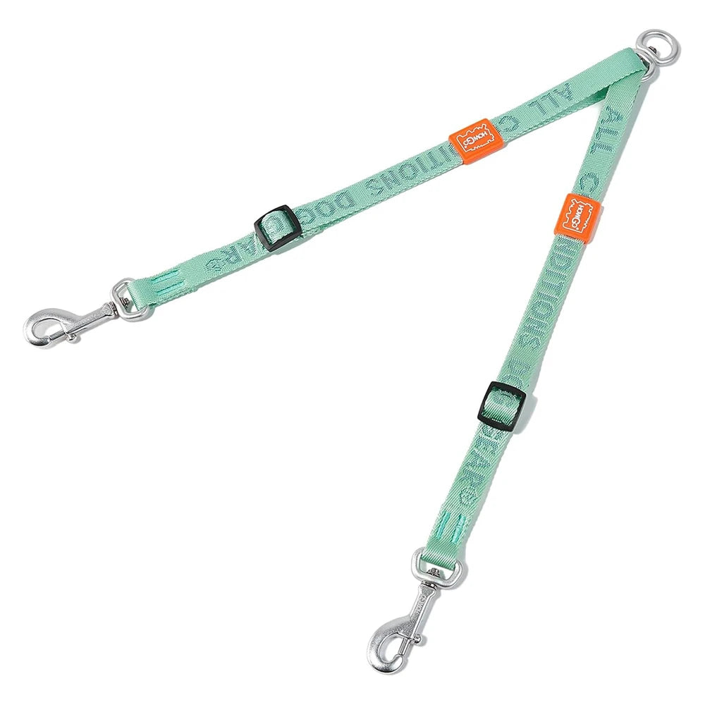 Double dog leash by Howgo, adjustable nylon dual lead coupler, shown in black with handles and tangle-free design