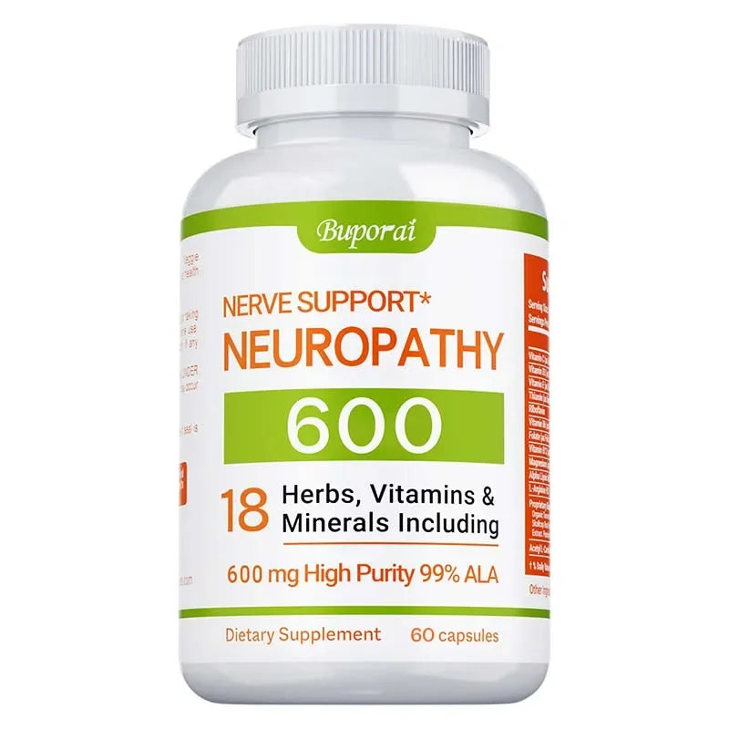 Neuropathy support supplement bottle with 600mg antioxidant formula for nerve health, energy, and anti-aging benefits.