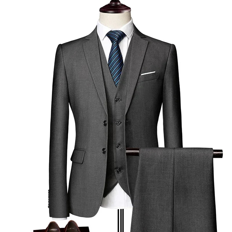Men's 3-piece slim fit suit by SHOWLU FASHION STORE, solid black tuxedo with jacket, vest, and trousers for formal business wear