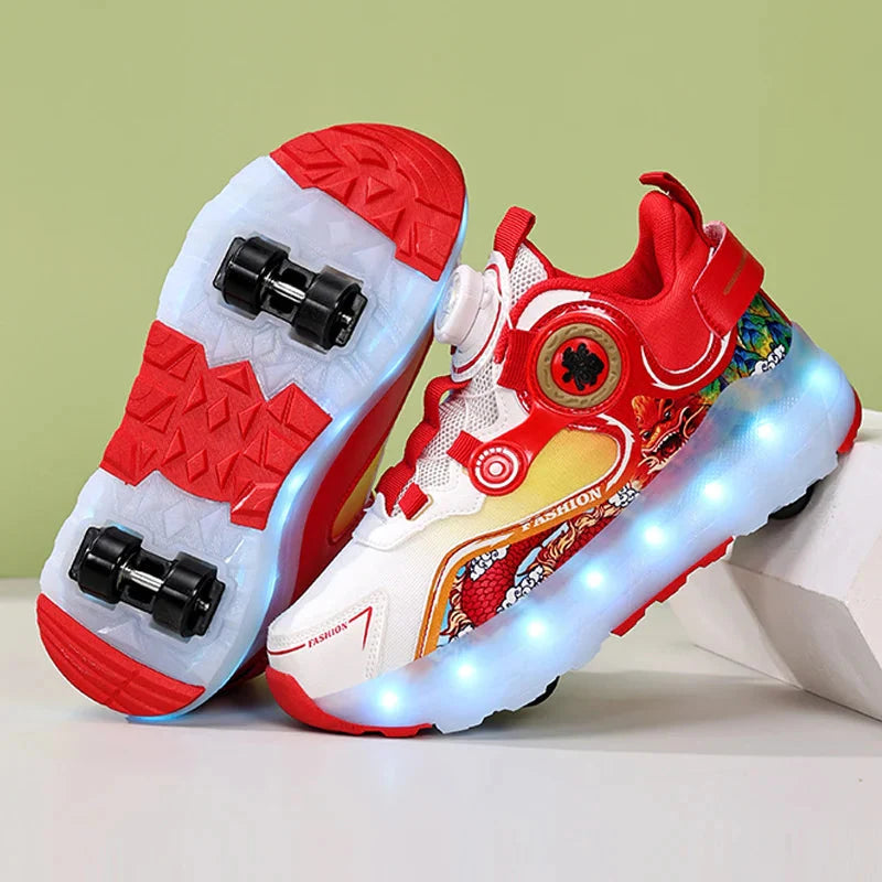 Showlu Kids luminous LED roller skate shoes with USB charging, featuring bright light-up soles and sporty design for children.