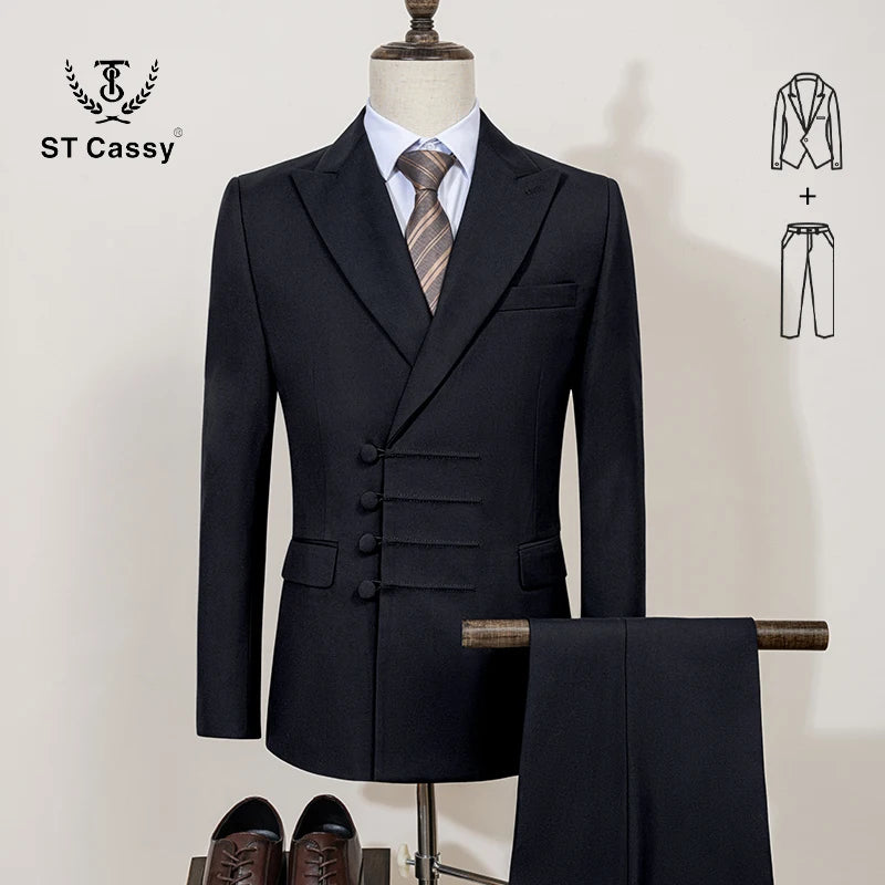 Men's black double-breasted slim fit wedding suit by Showlu Fashion, featuring a two-piece design with classic lapels and tailored fit.