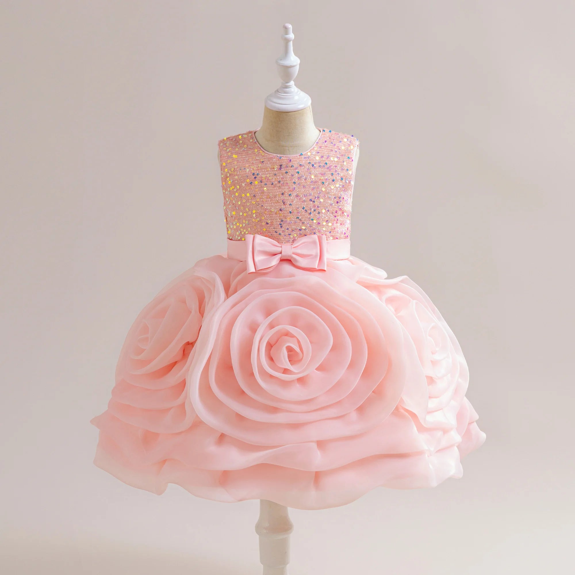 Elegant 3D flower girl dress by Showlu Fashion with sequin tulle, bow accents, suitable for birthdays, weddings, and special occasions.