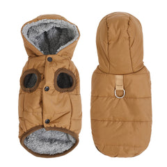 A coffee-colored, quilted dog hoodie with a grey fleece lining and a D-ring on the back.