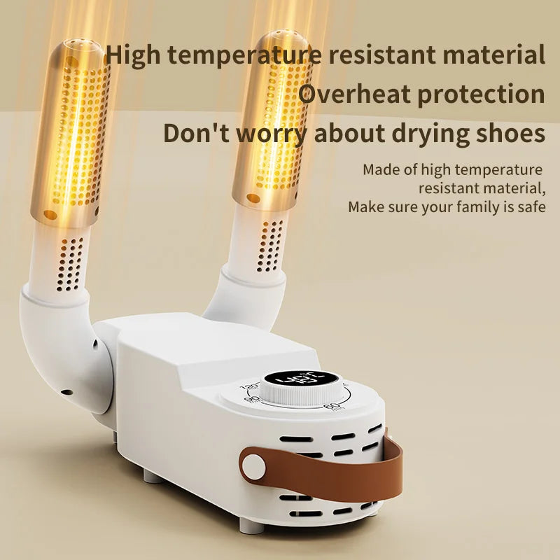 Showlu Smart Electric Shoe Dryer with 150W power, portable design, deodorizer feature, and adjustable timer for drying shoes.