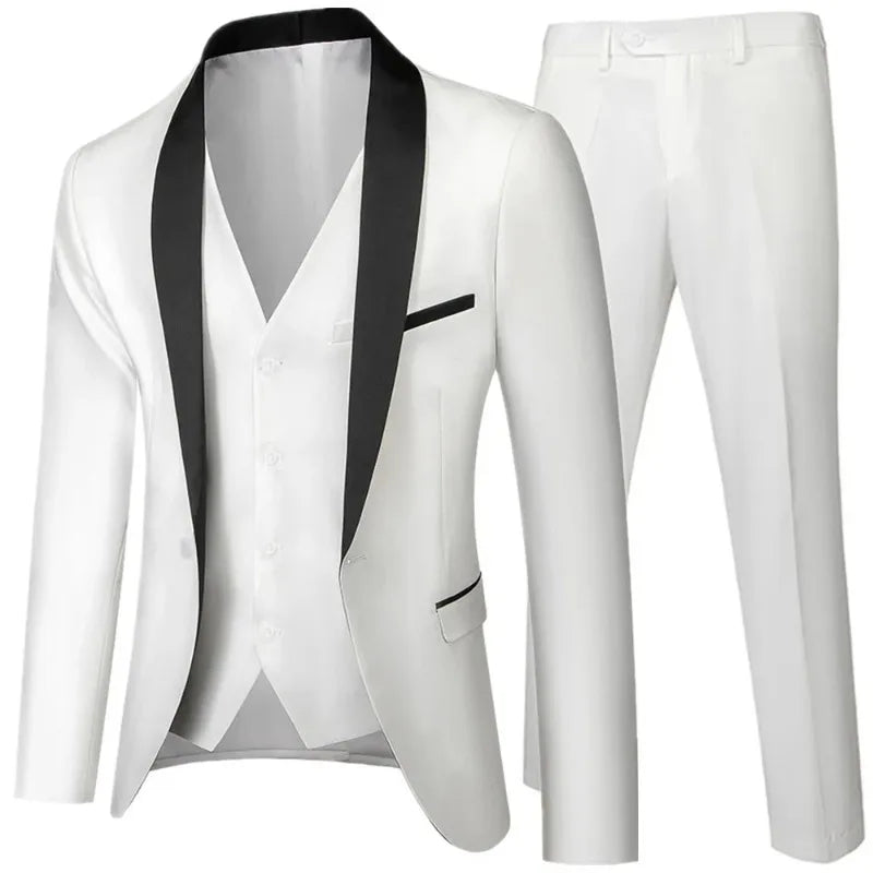 Elegant white men's tuxedo suit with retro slim fit design, ideal for prom, wedding, or formal parties, by Showlu Fashion.