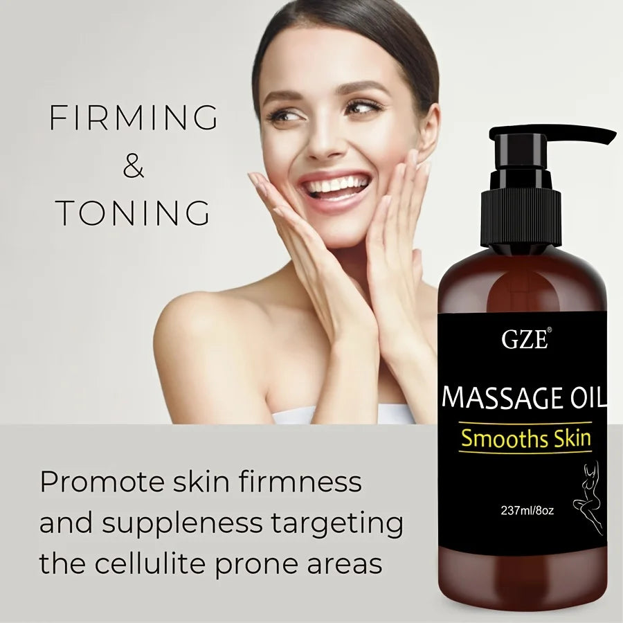 GZE Collagen and stem cell body massage oil for skin tightening and firming, shown in a sleek bottle with a pump dispenser.