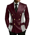 Men’s brown leather blazer with houndstooth side panels, vintage two-tone design, gold buttons, slim fit, double-breasted leather tuxedo jacket.